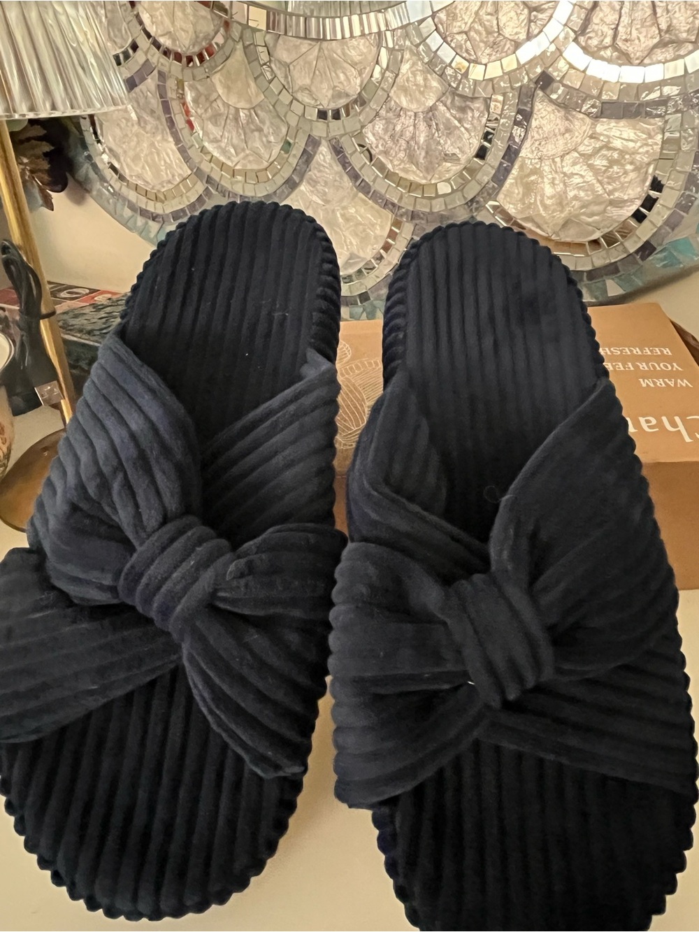 Women’s NAVY Knotted Corduroy Slide Slippers- - Chantomoo